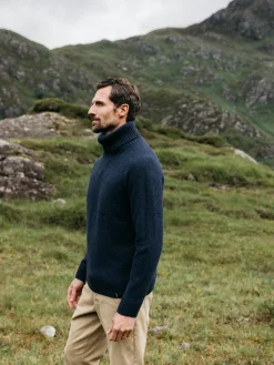 Hot Finisterre Men's Fishermans Roll Neck Knit Sweater Navy