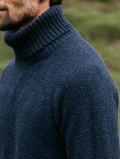 Hot Finisterre Men's Fishermans Roll Neck Knit Sweater Navy