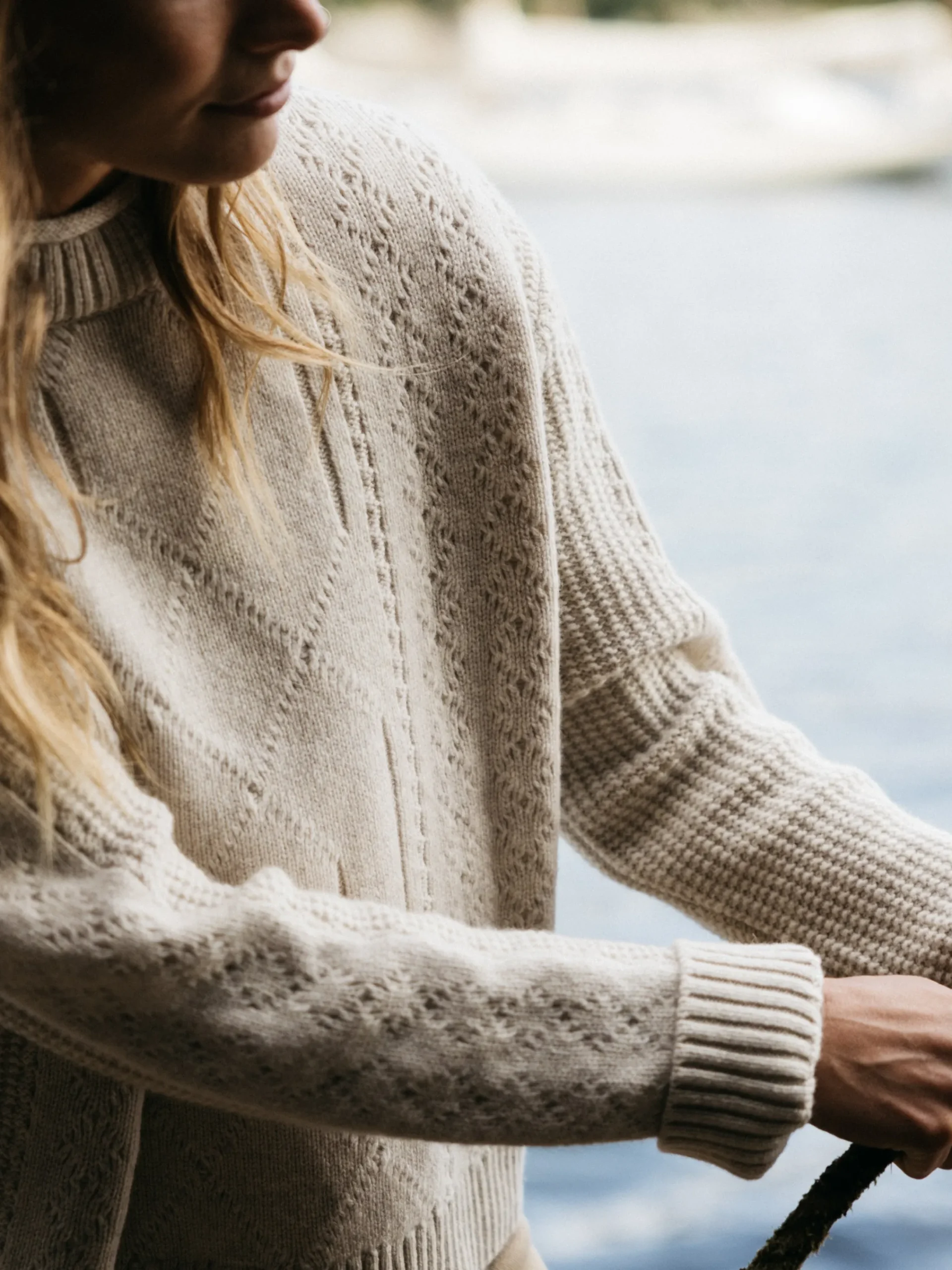 Discount Finisterre Women's Berneray Cable Crew Sweater PebbleGrey