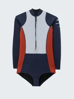 Clearance Finisterre Women's Nieuwland 2mm Yulex® Long Sleeve Swimsuit Navy/Sky/Rust
